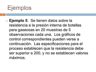 Ejemplos
8
 Ejemplo 5: Se tienen datos sobre la
resistencia a la presión interna de botellas
para gaseosas en 20 muestras de 5
observaciones cada una. Los gráficos de
control correspondientes pueden verse a
continuación. Las especificaciones para el
proceso establecen que la resistencia debe
ser superior a 200, y no se establecen valores
máximos.
 