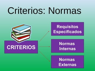 Criterios: Normas
CRITERIOS
Requisitos
Especificados
Normas
Internas
Normas
Externas
 