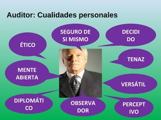 Auditor: Cualidades personales
ÉTICO
MENTE
ABIERTA
DIPLOMÁTI
CO
OBSERVA
DOR
PERCEPT
IVO
VERSÁTIL
TENAZ
DECIDI
DO
SEGURO DE
SI MISMO
 