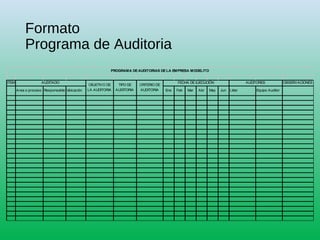 ITEM OBSERVACIONES
Area o proceso Responsable Ubicación Ene Feb Mar Abr May Jun Líder Equipo Auditor
PROGRAMA DE AUDITORIAS DE LA EMPRESA MODELITO
AUDITADO FECHA DE EJECUCIÓN AUDITORES
OBJETIVO DE
LA AUDITORIA
TIPO DE
AUDITORIA
CRITERIO DE
AUDITORIA
Formato
Programa de Auditoria
 