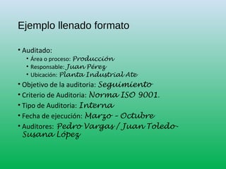 Ejemplo llenado formato
• Auditado:
• Área o proceso: Producción
• Responsable: Juan Pérez
• Ubicación: Planta Industrial Ate
• Objetivo de la auditoria: Seguimiento
• Criterio de Auditoria: Norma ISO 9001.
• Tipo de Auditoria: Interna
• Fecha de ejecución: Marzo – Octubre
• Auditores: Pedro Vargas / Juan Toledo-
Susana López
 
