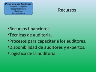 Recursos
•Recursos financieros.
•Técnicas de auditoria.
•Procesos para capacitar a los auditores.
•Disponibilidad de auditores y expertos.
•Logística de la auditoria.
Programa de Auditoria:
Objetivo – Amplitud
Responsabilidades
Recursos
Procedimientos
 