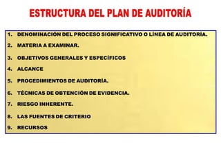 1. DENOMINACIÓN DEL PROCESO SIGNIFICATIVO O LÍNEA DE AUDITORÍA.
2. MATERIA A EXAMINAR.
3. OBJETIVOS GENERALES Y ESPECÍFICOS
4. ALCANCE
5. PROCEDIMIENTOS DE AUDITORÍA.
6. TÉCNICAS DE OBTENCIÓN DE EVIDENCIA.
7. RIESGO INHERENTE.
8. LAS FUENTES DE CRITERIO
9. RECURSOS
 