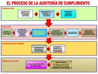 EJECUCIÓN
PLANIFICACIÓN
ELABORACIÓN DEL INFORME
CIERRE DE AUDITORÍA
ACREDITAR E
INSTALAR LA
COMISIÓN
AUDITORA
COMPRENDER LA
ENTIDAD Y LA
MATERIA A
EXAMINAR
APROBAR EL
PLAN DE
AUDITORÍA
DEFINITIVO
REGISTRAR EL
CIERRE DE LA
EJECUCIÓN DEL
TRABAJO DE CAMPO
EVALUAR LOS
COMENTARIOS
ELABORAR Y
COMUNICAR LAS
DESVIACIONES DE
CUMPLIMIENTO
IDENTIFICAR LAS
DESVIACIONES DE
CUMPLIMIENTO
APLICAR LOS
PROCEDIMIENTOS
DE AUDITORÍA,
OBTENER Y
VALORAR
EVIDENCIAS
DEFINIR LA
MUESTRA DE
AUDITORÍA
APROBAR Y
REMITIR EL
INFORME DE
AUDITORÍA
REGISTRAR EL
INFORME, ARCHIVO DE
LA DOCUMENTACIÓN Y
CIERRE DE AUDITORÍA
ELABORAR EL
INFORME DE
AUDITORÍA
EVALUAR EL PROCESO
DE AUDITORÍA
 