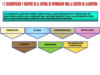 LA COMISIÓN AUDITORA DEBE COMPLETAR LA DOCUMENTACIÓN Y REGISTRO DE
AUDITORÍA ANTES DE LA EMISIÓN DEL INFORME RESPECTIVO. LA DOCUMENTACIÓN
DE LA AUDITORÍA DEBE CUMPLIR CON LOS REQUISITOS DE SER:
COMPLETA CLARA COMPRENSIBLE DETALLADA
LEGIBLE ORDENADA
INFORMACIÓN
APROPIADA
 