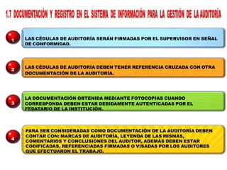 LAS CÉDULAS DE AUDITORÍA SERÁN FIRMADAS POR EL SUPERVISOR EN SEÑAL
DE CONFORMIDAD.
LAS CÉDULAS DE AUDITORÍA DEBEN TENER REFERENCIA CRUZADA CON OTRA
DOCUMENTACIÓN DE LA AUDITORÍA.
LA DOCUMENTACIÓN OBTENIDA MEDIANTE FOTOCOPIAS CUANDO
CORRESPONDA DEBEN ESTAR DEBIDAMENTE AUTENTICADAS POR EL
FEDATARIO DE LA INSTITUCIÓN.
PARA SER CONSIDERADAS COMO DOCUMENTACIÓN DE LA AUDITORÍA DEBEN
CONTAR CON: MARCAS DE AUDITORÍA, LEYENDA DE LAS MISMAS,
COMENTARIOS Y CONCLUSIONES DEL AUDITOR, ADEMÁS DEBEN ESTAR
CODIFICADAS, REFERENCIADAS FIRMADAS O VISADAS POR LOS AUDITORES
QUE EFECTUARON EL TRABAJO.
1
2
3
4
 