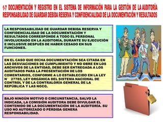 LA RESPONSABILIDAD DE GUARDAR DEBIDA RESERVA Y
CONFIDENCIALIDAD DE LA DOCUMENTACIÓN Y
RESULTADOS CORRESPONDE A TODO EL PERSONAL
INVOLUCRADO EN LA AUDITORÍA, DURANTE SU EJECUCIÓN
E INCLUSIVE DESPUÉS DE HABER CESADO EN SUS
FUNCIONES.
EN EL CASO QUE DICHA DOCUMENTACIÓN SEA CITADA EN
LAS DESVIACIONES DE CUMPLIMIENTO Y NO OBRE EN LOS
ARCHIVOS DE LA ENTIDAD, DEBE SER ENTREGADA A LOS
AUDITADOS PARA LA PRESENTACIÓN DE LOS
COMENTARIOS, CONFORME A LO ESTABLECIDO EN LA LEY
N° 27785, LEY ORGÁNICA DEL SISTEMA NACIONAL DE
CONTROL Y DE LA CONTRALORÍA GENERAL DE LA
REPÚBLICA Y LAS NGCG.
BAJO NINGÚN MOTIVO O CIRCUNSTANCIA, SALVO LA
INDICADA, LA COMISIÓN AUDITORA DEBE DIVULGAR EL
CONTENIDO DE LA DOCUMENTACIÓN DE LA AUDITORÍA. SU
USO NO AUTORIZADO O PÉRDIDA GENERA
RESPONSABILIDAD.
 
