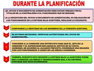 EL OFICIO O DOCUMENTO DE ACREDITACIÓN DEBE ESTAR FIRMADO POR EL
TITULAR DE LA CONTRALORÍA O EL FUNCIONARIO QUE SE DESIGNE.
A LA RECEPCIÓN DEL OFICIO O DOCUMENTO DE ACREDITACIÓN, ES OBLIGACIÓN DE
LOS FUNCIONARIOS DE LA ENTIDAD BAJO AUDITORÍA, REALIZAR LO SIGUIENTE:
COMPROBAR LA IDENTIDAD DE LOS MIEMBROS DE LA COMISIÓN AUDITORA.
DE ESTIMAR NECESARIO, VERIFICAR AUTENTICIDAD DEL OFICIO DE
ACREDITACIÓN..
CONCEDER A LA COMISIÓN UNA ENTREVISTA PARA QUE EL JEFE DE LA
COMISIÓN Y EL SUPERVISOR EXPLIQUEN EL MOTIVO DE SU VISITA.
ASIMISMO, DE ACUERDO AL ALCANCE PREVISTO, COORDINAR UNA REUNIÓN
CON LOS FUNCIONARIOS A CARGO DE LAS ÁREAS A EXAMINAR.
TAMBIÉN, DURANTE ESTA REUNIÓN LA ENTIDAD BAJO LA AUDITORÍA PUEDE
DAR A CONOCER LAS ÁREAS O TRANSACCIONES QUE, A SU CRITERIO,
CONVIENE QUE SEAN EXAMINADAS.
1
2
3
4
 