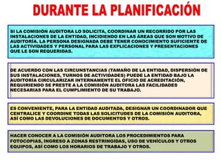 SI LA COMISIÓN AUDITORA LO SOLICITA, COORDINAR UN RECORRIDO POR LAS
INSTALACIONES DE LA ENTIDAD, INCIDIENDO EN LAS ÁREAS QUE SON MOTIVO DE
AUDITORÍA. LA PERSONA DESIGNADA DEBE TENER CONOCIMIENTO SUFICIENTE DE
LAS ACTIVIDADES Y PERSONAL PARA LAS EXPLICACIONES Y PRESENTACIONES
QUE LE SON REQUERIDAS.
DE ACUERDO CON LAS CIRCUNSTANCIAS (TAMAÑO DE LA ENTIDAD, DISPERSIÓN DE
SUS INSTALACIONES, TURNOS DE ACTIVIDADES) PUEDE LA ENTIDAD BAJO LA
AUDITORÍA CIRCULARIZAR INTERNAMENTE EL OFICIO DE ACREDITACIÓN,
REQUIRIENDO SE PRESTE A LA COMISIÓN AUDITORA LAS FACILIDADES
NECESARIAS PARA EL CUMPLIMIENTO DE SU TRABAJO.
ES CONVENIENTE, PARA LA ENTIDAD AUDITADA, DESIGNAR UN COORDINADOR QUE
CENTRALICE Y COORDINE TODAS LAS SOLICITUDES DE LA COMISIÓN AUDITORA,
ASÍ COMO LAS DEVOLUCIONES DE DOCUMENTOS Y OTROS.
HACER CONOCER A LA COMISIÓN AUDITORA LOS PROCEDIMIENTOS PARA
FOTOCOPIAS, INGRESO A ZONAS RESTRINGIDAS, USO DE VEHÍCULOS Y OTROS
EQUIPOS, ASÍ COMO LOS HORARIOS DE TRABAJO Y OTROS.
 