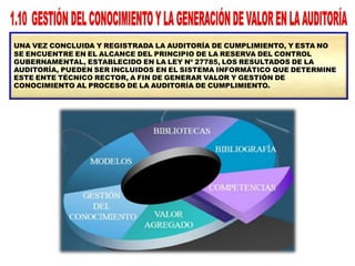 UNA VEZ CONCLUIDA Y REGISTRADA LA AUDITORÍA DE CUMPLIMIENTO, Y ESTA NO
SE ENCUENTRE EN EL ALCANCE DEL PRINCIPIO DE LA RESERVA DEL CONTROL
GUBERNAMENTAL, ESTABLECIDO EN LA LEY Nº 27785, LOS RESULTADOS DE LA
AUDITORÍA, PUEDEN SER INCLUIDOS EN EL SISTEMA INFORMÁTICO QUE DETERMINE
ESTE ENTE TÉCNICO RECTOR, A FIN DE GENERAR VALOR Y GESTIÓN DE
CONOCIMIENTO AL PROCESO DE LA AUDITORÍA DE CUMPLIMIENTO.
 