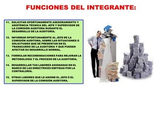 11. SOLICITAR OPORTUNAMENTE ASESORAMIENTO Y
ASISTENCIA TÉCNICA DEL JEFE Y SUPERVISOR DE
LA COMISIÓN AUDITORA DURANTE EL
DESARROLLO DE LA AUDITORÍA.
12. INFORMAR OPORTUNAMENTE AL JEFE DE LA
COMISIÓN AUDITORA, SOBRE LAS SITUACIONES O
SOLICITUDES QUE SE PRESENTAN EN EL
TRANSCURSO DE LA AUDITORÍA Y QUE PUEDEN
AFECTAR SU DESARROLLO NORMAL.
13. FORMULAR RECOMENDACIONES PARA MEJORAR LA
METODOLOGÍA Y EL PROCESO DE LA AUDITORÍA.
14. DESARROLLAR TAS LABORES ASIGNADAS EN EL
MARCO DE LAS DIRECTRICES EMITIDAS POR LA
CONTRALORÍA.
15. OTRAS LABORES QUE LE ASIGNE EL JEFE O EL
SUPERVISOR DE LA COMISIÓN AUDITORA.
 
