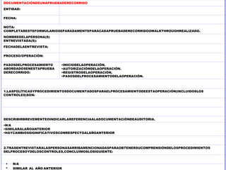 DOCUMENTACIÓNDEUNAPRUEBADERECORRIDO
ENTIDAD:
FECHA:
NOTA:
COMPLETARESTEFORMULARIOSEPARADAMENTEPARACADAPRUEBADERECORRIDOOWALKTHROUGHREALIZADO.
NOMBREDELAPERSONA(S)
ENTREVISTADA(S):
FECHADELAENTREVISTA:
PROCESO/OPERACIÓN:
PASOSDELPROCESAMIENTO
ABORDADOSENESTAPRUEBA
DERECORRIDO:
INICIODELAOPERACIÓN.
AUTORIZACIÓNDELAOPERACIÓN.
REGISTRODELAOPERACIÓN.
PASOSDELPROCESAMIENTODELAOPERACIÓN.
1.LASPOLÍTICASYPROCEDIMIENTOSDOCUMENTADOSPARAELPROCESAMIENTODEESTAOPERACIÓN(INCLUIDOSLOS
CONTROLES)SON:
DESCRIBIRBREVEMENTEOINDICARLAREFERENCIAALADOCUMENTACIÓNDEAUDITORIA.
N/A
SIMILARALAÑOANTERIOR
HAYCAMBIOSSIGNIFICATIVOSCONRESPECTOALAÑOANTERIOR
2.TRASENTREVISTARALASPERSONASARRIBAMENCIONADASPARAOBTENERSUCOMPRENSIÓNDELOSPROCEDIMIENTOS
DELPROCESOYDELOSCONTROLES,CONCLUIMOSLOSIGUIENTE:


N/A
SIMILAR AL AÑO ANTERIOR
 