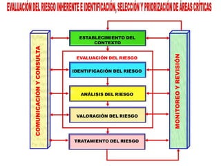 COMUNICACIÓNYCONSULTA
MONITOREOYREVISIÓN
TRATAMIENTO DEL RIESGO
ESTABLECIMIENTO DEL
CONTEXTO
EVALUACIÓN DEL RIESGO
IDENTIFICACIÓN DEL RIESGO
ANÁLISIS DEL RIESGO
VALORACIÓN DEL RIESGO
 