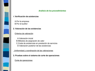 Análisis de los procedimientos


1. Verificación de existencias


 A.Por la empresa
 B.Por el auditor

2. Valoración de las existencias

 Criterios de valoración

    A.Valoración inicial
   B.Métodos de asignación de valor
   C.Coste de existencias en prestación de servicios
    D.Valoración posterior de las existencias

 Uniformidad y coordinación de las valoraciones

3. Pruebas sobre el sistema de corte de operaciones

 Corte de operaciones
 