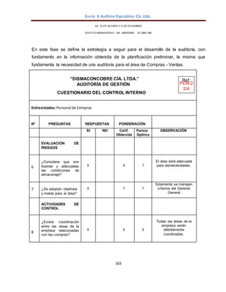García & Auditores Especialistas Cía. Ltda.
163
AV. ELOY ALFARO Y 6 DE DICIEMBRE
EDIFICIO MONASTERIO. Telf . 098783990 02 2964 396
En esta fase se define la estrategia a seguir para el desarrollo de la auditoría, con
fundamento en la información obtenida de la planificación preliminar, la misma que
fundamenta la necesidad de una auditoría para el área de Compras - Ventas.
“DISMACONCOBRE CÍA. LTDA.” Ref.:
AUDITORÍA DE GESTIÓN PEM.2
2/4
CUESTIONARIO DEL CONTROL INTERNO
Entrevistados:Personal de Compras
N° PREGUNTAS RESPUESTAS PONDERACIÓN
SI NO Calif.
Obtenida
Puntaje
Optimo
OBSERVACIÓN
EVALUACIÓN DE
RIESGOS
6
¿Considera que son
buenas y adecuadas
las condiciones de
almacenaje?
X 6 7
El área está adecuada
para lasnecesidades.
.
7 ¿Se adoptan objetivos
y metas para el área?
X 7 7
Solamente se manejan
criterios del Gerente
General
ACTIVIDADES DE
CONTROL
8
¿Existe coordinación
entre las áreas de la
empresa relacionadas
con las compras?
X 6 6
Todas las áreas de la
empresa están
debidamente
coordinadas.
 