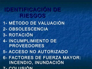 IDENTIFICACIÓN DEIDENTIFICACIÓN DE
RIESGOSRIESGOS
1- MÉTODO DE VALUACIÓN
2- OBSOLESCENCIA
3- ROTACIÓN
4- INCUMPLIMIENTO DE
PROVEEDORES
5- ACCESO NO AUTORIZADO
6- FACTORES DE FUERZA MAYOR:
INCENDIO, INUNDACIÓN
 