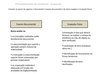 Procedimentos de Auditoria - Inspeção 
Consiste no exame de registros e documentos (=exame documental) e de ativos tangíveis (=inspeção física). 
Exame Documental 
Inspeção Física 
Busca avaliar se: 
 as transações realizadas estão devidamente documentas 
 a documentação que suporta a operação contem indicios de inidoneidade 
 a transação e a documentação suporte foram autorizadas por pessoas responsáveis 
 se a operação realizada é adequada em função das atividades do órgão/entidade. 
Constatação in loco que deverá fornecer ao auditor a certeza da existência ou não, do objeto ou item verificado. 
 Localização de bens (estoques, obras etc.) 
 Identificação de funcionários ou firmas fantasmas 
 Identificação de bens danificados.  