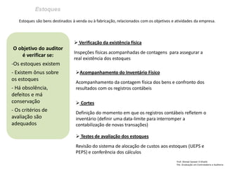 Estoques 
Prof: Ahmed Sameer El Khatib Pós -Graduação em Controladoria e Auditoria 
O objetivo do auditor é verificar se: 
-Os estoques existem 
- Existem ônus sobre os estoques 
- Há obsolência, defeitos e má conservação 
- Os critérios de avaliação são adequados 
Estoques são bens destinados à venda ou à fabricação, relacionados com os objetivos e atividades da empresa. 
 Verificação da existência física Inspeçôes físicas acompanhadas de contagens para assegurar a real existência dos estoques 
Acompanhamento do Inventário Físico Acompanhamento da contagem física dos bens e confronto dos resultados com os registros contábeis 
 Cortes Definição do momento em que os registros contábeis refletem o inventário (definir uma data-limite para interromper a contabilização de novas transações) 
 Testes de avaliação dos estoques Revisão do sistema de alocação de custos aos estoques (UEPS e PEPS) e conferência dos cálculos  