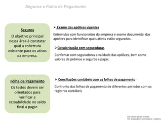 Seguros e Folha de Pagamento 
Prof: Ahmed Sameer El Khatib Pós -Graduação em Controladoria e Auditoria 
Seguros O objetivo principal nessa área é constatar qual a cobertura existente para os ativos da empresa. 
 Exame das apólices vigentes Entrevistas com funcionários da empresa e exame documental das apólices para identificar quais ativos estão segurados. 
Circularização com seguradoras Confirmar com seguradoras a validade das apólices, bem como valores de prêmios e seguros a pagar. 
 Conciliações contábeis com as folhas de pagamento Confronto das folhas de pagamento de diferentes períodos com os registros contábeis 
Folha de Pagamento Os testes devem ser orientados para verificar a razoabilidade no saldo final a pagar.  