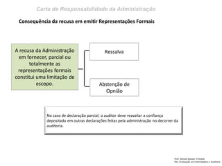 Carta de Responsabilidade da Administração 
Prof: Ahmed Sameer El Khatib Pós -Graduação em Controladoria e Auditoria 
Consequência da recusa em emitir Representações Formais 
A recusa da Administração em fornecer, parcial ou totalmente as representações formais constitui uma limitação de escopo. 
Ressalva 
Abstenção de Opnião 
No caso de declaração parcial, o auditor deve reavaliar a confiança depositada em outras declarações feitas pela administração no decorrer da auditoria.  
