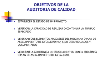 OBJETIVOS DE LA AUDITORIA DE CALIDADESTABLECER EL ESTADO DE UN PROYECTOVERIFICAR LA CAPACIDAD DE REALIZAR O CONTINUAR UN TRABAJO ESPECIFICO VERIFICAR QUE ELEMENTOS APLICABLES DEL PROGRAMA O PLAN DE ASEGURAMIENTO DE LA CALIDAD HAN SIDO DESARROLLADOS Y DOCUMENTADOSVERIFICAR LA ADHERENCIA DE ESOS ELEMENTOS CON EL PROGRAMA O PLAN DE ASEGURAMIENTO DE LA CALIDAD.