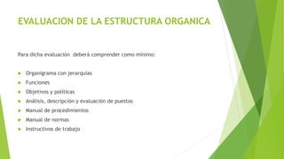 EVALUACION DE LA ESTRUCTURA ORGANICA
Para dicha evaluación deberá comprender como mínimo:
 Organigrama con jerarquías
 Funciones
 Objetivos y políticas
 Análisis, descripción y evaluación de puestos
 Manual de procedimientos
 Manual de normas
 Instructivos de trabajo
 