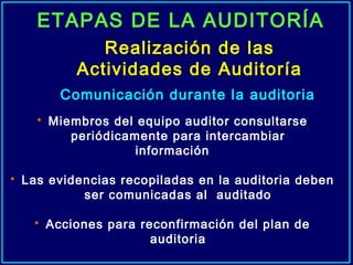 Comunicación durante la auditoria
 Miembros del equipo auditor consultarse
periódicamente para intercambiar
información
 Las evidencias recopiladas en la auditoria deben
ser comunicadas al auditado
 Acciones para reconfirmación del plan de
auditoria
ETAPAS DE LA AUDITORÍA
Realización de las
Actividades de Auditoría
 