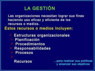 Las organizaciones necesitan lograr sus fines
haciendo uso eficaz y eficiente de los
recursos o medios.
 Estructuras organizacionales
 Planificación
 Responsabilidades
 Procedimientos
 Procesos

Recursos ...para realizar sus políticas
y alcanzar sus objetivos
Estos recursos o medios incluyen:
LA GESTIÓN
 