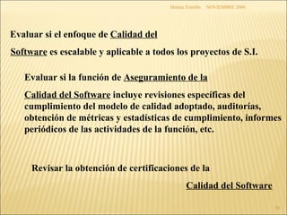 NOVIEMBRE 2000 Marina Touriño Evaluar si la función de  Aseguramiento de la Calidad del Software  incluye revisiones específicas del cumplimiento del modelo de calidad adoptado, auditorías, obtención de métricas y estadísticas de cumplimiento, informes periódicos de las actividades de la función, etc. Revisar la obtención de certificaciones de la  Calidad del Software Evaluar si el enfoque de  Calidad del Software  es escalable y aplicable a todos los proyectos de S.I. 