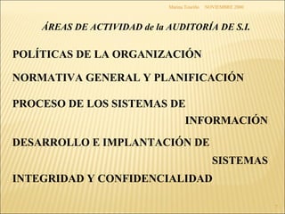 NOVIEMBRE 2000 Marina Touriño ÁREAS DE ACTIVIDAD de la AUDITORÍA DE S.I. POLÍTICAS DE LA ORGANIZACIÓN  NORMATIVA GENERAL Y PLANIFICACIÓN PROCESO DE LOS SISTEMAS DE INFORMACIÓN DESARROLLO E IMPLANTACIÓN DE SISTEMAS INTEGRIDAD Y CONFIDENCIALIDAD 