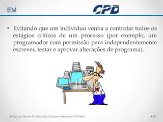 TÉCNICAS DE AUDITORIA EM Jacson Daner M. Brandão, Kassiano Henrique O. Pretto20Evitando que um indivíduo venha a controlar todos os estágios críticos de um processo (por exemplo, um programador com permissão para independentemente escrever, testar e aprovar alterações de programa). 