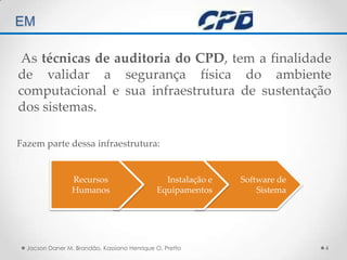 TÉCNICAS DE AUDITORIA EM As técnicas de auditoria do CPD, tem a finalidade de validar a segurança física do ambiente computacional e sua infraestrutura de sustentação dos sistemas.Jacson Daner M. Brandão, Kassiano Henrique O. Pretto4Fazem parte dessa infraestrutura:Software deSistemaInstalação eEquipamentosRecursos Humanos