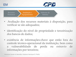 TÉCNICAS DE AUDITORIA EM  Avaliação dos recursos materiais à disposição, para verificar se são adequados;identificação do nível de propriedade e terceirização dos bancos de dados;existência de informações-chave que estão fora do controle técnico-operacional da instituição, bem como a vulnerabilidade de perda ou extravio de informações por terceiros;Jacson Daner M. Brandão, Kassiano Henrique O. Pretto6Software deSistemaInstalação eEquipamentosRecursos Humanos
