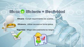 Eficacia : Cumplir requerimientos de usuarios.
Eficiencia : Utilizar recursos en forma óptima.
Seguridad : Mitigar adecuadamente los riesgos.
 