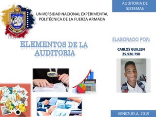 AUDITORIA DE
SISTEMAS
UNIVERSIDAD NACIONAL EXPERIMENTAL
POLITÉCNICA DE LA FUERZA ARMADA
VENEZUELA, 2019
 
