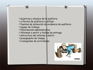 objetivos y alcance de la auditoria  criterios de auditoria a utilizar  fuentes de obtención de evidencia de auditoria  equipo de trabajo Información administrativa informes a emitir y fechas de entrega  estructura del informe a emitir  presupuesto de tiempo  cronograma de actividades 