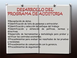 Recopilación de datos.  Identificación de lista de personas a entrevistar.  Identificación y selección del enfoque del trabajo  Identificación y obtención de políticas, normas y directivas.  Desarrollo de herramientas y metodología para probar y verificar los controles existentes.  Procedimientos para evaluar los resultados de las pruebas y revisiones.  Procedimientos de comunicación con la gerencia.  Procedimientos de seguimiento .  