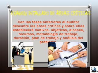 EXAMEN DETALLADO DE ÁREAS CRÍTICAS Con las fases anteriores el auditor descubre las áreas críticas y sobre ellas establecerá motivos, objetivos, alcance, recursos, metodología de trabajo, duración, plan de trabajo y análisis del problema. 