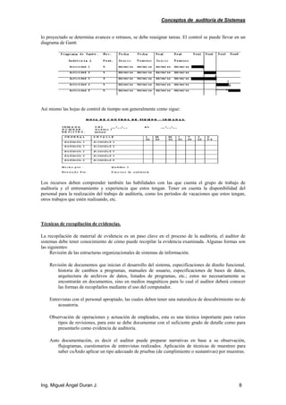 Conceptos de auditoría de Sistemas
Ing. Miguel Ángel Duran J. 8
lo proyectado se determina avances o retrasos, se debe reasignar tareas. El control se puede llevar en un
diagrama de Gantt
Así mismo las hojas de control de tiempo son generalmente como sigue:
Los recursos deben comprender también las habilidades con las que cuenta el grupo de trabajo de
auditoría y el entrenamiento y experiencia que estos tengan. Tener en cuenta la disponibilidad del
personal para la realización del trabajo de auditoría, como los períodos de vacaciones que estos tengan,
otros trabajos que estén realizando, etc.
Técnicas de recopilación de evidencias.
La recopilación de material de evidencia es un paso clave en el proceso de la auditoría, el auditor de
sistemas debe tener conocimiento de cómo puede recopilar la evidencia examinada. Algunas formas son
las siguientes:
Revisión de las estructuras organizacionales de sistemas de información.
Revisión de documentos que inician el desarrollo del sistema, especificaciones de diseño funcional,
historia de cambios a programas, manuales de usuario, especificaciones de bases de datos,
arquitectura de archivos de datos, listados de programas, etc.; estos no necesariamente se
encontrarán en documentos, sino en medios magnéticos para lo cual el auditor deberá conocer
las formas de recopilarlos mediante el uso del computador.
Entrevistas con el personal apropiado, las cuales deben tener una naturaleza de descubrimiento no de
acusatoria.
Observación de operaciones y actuación de empleados, esta es una técnica importante para varios
tipos de revisiones, para esto se debe documentar con el suficiente grado de detalle como para
presentarlo como evidencia de auditoría.
Auto documentación, es decir el auditor puede preparar narrativas en base a su observación,
flujogramas, cuestionarios de entrevistas realizados. Aplicación de técnicas de muestreo para
saber cuÁndo aplicar un tipo adecuado de pruebas (de cumplimiento o sustantivas) por muestras.
 