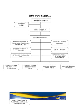 ESTRUCTURA NACIONAL

                                        ASAMBLEA GENERAL

                    REVISORIA
                     FISCAL


                                        JUNTA DIRECTIVA




                                       GERENCIA GENERAL


          DIRECCION NACIONAL DE                                SECRETARIA GENERAL
         PLANEACION Y DESARROLLO                                   Y JURIDICA
             ORGANIZACIONAL


           DIRECCION NACIONAL DE
                                                                 CONTROL INTERNO
                  CALIDAD


          DIRECCION NACIONAL DEL                                DIRECCION NACIONAL
                   SIAU                                            DE TECNOLOGIA
                                                                    INFORMATICA




GERENCIA NACIONAL          GERENCIA NACIONAL
                                                   GERENCIA NACIONAL        GERENCIA NACIONAL
 COMERCIAL Y DE             DE SERVICIOS DE
                                                    ADMINISTRATIVA             FINANCIERA
  OPERACIONES                    SALUD




         DIRECCION NACIONAL DE
        PLANEACION Y DESARROLLO
            ORGANIZACIONAL
 