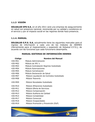 1.1.3 VISIÓN

SOLSALUD EPS S.A. en el año 2011 será una empresa de aseguramiento
en salud con presencia nacional, reconocida por su calidad y excelencia en
el servicio y por el impacto social en las regiones donde hace presencia.


1.1.4. MANUAL

SOLSALUD E.P.S. S.A. actualmente tiene los siguientes manuales para el
ingreso de información a cada uno de los módulos de HERMES
(Herramienta para el mejoramiento y expansión de Solsalud E.P.S.), de
acuerdo con las funciones que cada funcionario desempeña.

            MANUAL SISTEMAS DE INFORMACIÓN HERMES

   Código                          Nombre del Manual
430-M01       Módulo Administración
430-M02       Módulo de IPS´s
430-M03       Módulo Contratación Regimes Subsidiado
430-M04       Módulo Autorizaciones
430-M05       Módulo Carnetización
430-M06       Módulo Declaración de Salud
430-M07       Módulo Liquidación de Contratos Subsidiado
430-M08       Módulo Tesorería

430-M09        Módulo Novedades Subsidiado

430-M10        Módulo   Afiliaciones Subsidiado
430-M11        Módulo   Oferta de Servicios
430-M12        Módulo   Compensación
430-M13        Módulo   Auditoria de Calidad
430-M14        Módulo   Contabilidad
430-M17        Módulo   Comercial
430-M18        Módulo   Incapacidades
430-M19        Módulo   Promoción y Prevención (PyP)
 