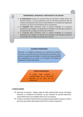 5 CONCLUSIONES
 Concluyo el presente trabajo luego de haber determinado ciertos conceptos
referente a la Auditoria de Sistemas, ya que mediante la consulta obtuvimos
ciertas definiciones que engloban dentro de una empresa
 El haber culminado el desarrollo de las preguntas planteadas nos deja un criterio
personal, para poder desempeñar dentro de la materia respectiva
INDEPENDENCIA, INTEGRIDAD Y OBJETIVIDAD DE UN AUDITOR
La independencia supone una actitud mental que permite al auditor actuar con
libertad respecto a su juicio profesional, para lo cual debe encontrarse libre de
cualquier predisposición que limite su imparcialidad en la consideración objetiva de
los hechos, así como en la formulación de sus conclusiones.
La integridad debe entenderse como la rectitud intachable en el ejercicio
profesional, que le obliga, en el ejercicio de su profesión, a ser honesto y sincero en
la realización de su trabajo y la emisión de su informe.
La integridad debe entenderse como la rectitud intachable en el ejercicio
profesional, que le obliga, en el ejercicio de su profesión, a ser honesto y sincero en
la realización de su trabajo y la emisión de su informe.
DILIGENCIA PROFESIONAL
Montaner , B. La diligencia profesional, en el ámbito de la auditoría
de cuentas, es aquella norma de comportamiento que impone a cada
persona la organización del auditor. Se trataría de la responsabilidad
del cumplimiento de las normas en la ejecución del trabajo de
auditoría y la emisión del informe.
SECRETO PROFESIONAL
El auditor debe mantener la
confidencialidad de la información
obtenida en el curso de sus
actuaciones
 