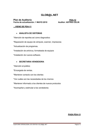 AUDITORIA OPERACIONAL DE VENTAS A GLOB@L.NET Página 13
GLOB@L.NET
Plan de Auditoría PDA-12
Fecha de actualización: 1 MAYO 2010 Auditor: ASTRID CELIN
…VIENE DE PDA-11
ANALISTA DE SISTEMAS
*Atención de reportes así como diagnostico
*Reparación de equipo de cómputo, scanner, impresoras
*Actualización de programas.
*Instalación de antivirus, formateada de equipos
*Instalación de nuevos software.
SECRETARIA VENDEDORA
*Atención al público
*Encargada de ventas.
*Mantener contacto con los clientes
*Ver cuáles son las necesidades de los mismos
*Mantener informado a los clientes de nuevos productos
*Acompañar y estimular a los vendedores
PASA PDA-13
 