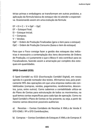 405
Auditoria Digital
térias-primas e embalagens se transformam em outros produtos, a
aplicação da fórmula básica do estoque não irá atender a expectati-
va. Ocasionando assim em uma evolução da fórmula:
EF = EI + C – V + OpF – OpC
EF – Estoque Final;
EI – Estoque Inicial;
C – Compras;
V – Vendas;
OpF – Ordem de Produção Finalizadas (gera o item para o estoque)
OpC – Ordem de Produção Consumo (baixa o item do estoque)
Para que o Fisco consiga fazer a gestão dos estoques das indús-
trias é necessário a contemplação dos itens decorrentes de Ordens
de Produção, e é justamente o que o Bloco K veio contribuir para os
Fiscalizadores, fazendo assim a amarração por completo dos esto-
ques em quantidades.
SPED Contábil (ECD)
O Sped Contábil ou ECD (Escrituração Contábil Digital), em nossa
opinião é o grande norteador dos testes. Afirmamos isso, pois prati-
camente 99% das operações em que uma empresa realiza são con-
tabilizadas (compras, vendas, pagamentos, recebimentos, descon-
tos, juros, entre outros). Como sabemos a contabilidade utiliza-se
do Plano de Contas para estruturação de todos os movimentos, na
qual temos contas específicas para cada tipo de operação. Como no
Sped Contábil o Plano de Contas se faz presente, ou seja, a partir do
mesmo vamos descrever possíveis auditorias:
a) Receitas – Contas Contábeis de Receitas X XMLs de Venda X
EFD ICMS / IPI x EFD Contribuições;
b) Compras – Contas Contábeis de Estoques X XMLs de Compras X
Licenciado
para
-
Rodrigo
Becher
-
65502990125
-
Protegido
por
Eduzz.com
 