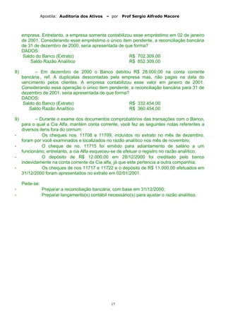Apostila: Auditoria dos Ativos – por Prof Sergio Alfredo Macore
empresa. Entretanto, a empresa somente contabilizou esse empréstimo em 02 de janeiro
de 2001. Considerando esse empréstimo o único item pendente, a reconciliação bancária
de 31 de dezembro de 2000, seria apresentada de que forma?
DADOS:
Saldo do Banco (Extrato) R$ 702.309,00
Saldo Razão Analítico R$ 852.309,00
8) – Em dezembro de 2000 o Banco debitou R$ 28.000,00 na conta corrente
bancária., ref. A duplicatas descontadas pela empresa mas, não pagas na data do
vencimento pelos clientes. A empresa contabilizou esse valor em janeiro de 2001.
Considerando essa operação o único item pendente, a reconciliação bancária para 31 de
dezembro de 2001, seria apresentada de que forma?
DADOS:
Saldo do Banco (Extrato) R$ 332.454,00
Saldo Razão Analítico R$ 360.454,00
9) – Durante o exame dos documentos comprobatórios das transações com o Banco,
para o qual a Cia Alfa, mantém conta corrente, você fez as seguintes notas referentes a
diversos itens fora do comum:
- Os cheques nos. 11708 e 11709, incluídos no extrato no mês de dezembro,
foram por você examinados e localizados no razão analítico nos mês de novembro;
- O cheque de no. 11715 foi emitido para adiantamento de salário a um
funcionário; entretanto, a cia Alfa esqueceu-se de efetuar o registro no razão analítico;
- O depósito de R$ 12.000,00 em 28/12/2000 foi creditado pelo banco
indevidamente na conta corrente da Cia alfa, já que este pertencia a outra companhia;
- Os cheques de nos 11717 e 11722 e o depósito de R$ 11.000,00 efetuados em
31/12/2000 foram apresentados no extrato em 02/01/2001.
Pede-se:
- Preparar a reconciliação bancária, com base em 31/12/2000;
- Preparar lançamento(s) contábil necessário(s) para ajustar o razão analítico.
17
 