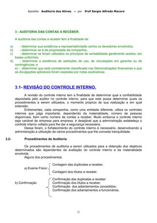 Apostila: Auditoria dos Ativos – por Prof Sergio Alfredo Macore
3 - AUDITORIA DAS CONTAS A RECEBER.
A auditoria das contas a receber tem a finalidade de:
a) - determinar sua existência e representatividade contra os devedores envolvidos;
b) - determinar se é de propriedade da companhia;
c) - determinar se foram utilizados os princípios de contabilidade geralmente aceitos, em
bases uniformes;
d) - determinar a existência de restrições de uso, de vinculações em garantia ou de
contingências; e
e) - determinar que está corretamente classificada nas Demonstrações financeiras e que
as divulgações aplicáveis foram expostas por notas explicativas.
3.1- REVISÃO DO CONTROLE INTERNO.
A revisão do controle interno tem a finalidade de determinar qual a confiabilidade
depositada pelo auditor no controle interno, para que este possa determinar quais os
procedimentos a serem utilizados, o momento propício de sua realização e em qual
extensão.
Entrementes, cada companhia, como uma entidade diferente, utiliza os controles
internos que julga importante, dependendo da materialidade, número de pessoas
disponíveis, bem como número de contas a receber. Muito emborca o controle interno
seja variável de empresa para empresa, é desejável que a administração estabeleça o
controle interno voltado para lhe dar a segurança necessária.
Dessa foram, o fortalecimento do controle interno é necessário, desenvolvendo a
administração a utilização de vários procedimentos que lhe conceda tranquilidade.
3.2- Procedimentos de Auditoria
Os procedimentos de auditoria a serem utilizados para a obtenção dos objetivos
determinados são dependentes da avaliação do controle interno e da materialidade
envolvida.
Alguns dos procedimentos:
Contagem das duplicatas a receber;
a) Exame Físico
Contagem dos títulos a receber.
Confirmação das duplicatas a receber
b) Confirmação Confirmação dos títulos a receber;
Confirmação dos adiantamentos concedidos;
Confirmação dos adiantamentos a funcionários.
21
 