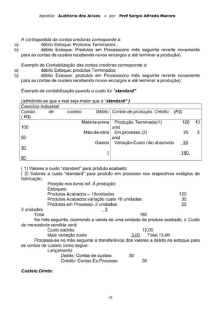 Apostila: Auditoria dos Ativos – por Prof Sergio Alfredo Macore
A contrapartida da contas credoras corresponde a:
a) débito Estoque: Produtos Terminados ;
b) débito Estoque: Produtos em Processo(no mês seguinte reverte novamente
para as contas de custeio recebendo novos encargos e até terminar a produção).
Exemplo de Contabilização das contas credoras corresponde a:
a) débito Estoque: produtos Terminados;
b) débito Estoque: produtos em Processo(no mês seguinte reverte novamente
para as contas de custeio recebendo novos encargos e até terminar a produção):
Exemplo de contabilização quando o custo for “standard”
(admitindo-se que o real seja maior que o “standard” )
Exercício Industrial
Contas de custeio: Débito
( R$)
Contas de produção: Crédito (R$)
Matéria-prima
100
Produção Terminada(1) 120 10
unid
Mão-de-obra
50
Em processo (2) 25 3
unid
Gastos
30
Variação-Custo não absorvido 35
1
80
180
( 1) Valores a custo “standard” para produto acabado;
( 2) Valores a custo “standard” para produto em processo nos respectivos estágios de
fabricação.
Posição nos livros ref. À produção:
Estoques:
Produtos Acabados – 10unidades 120
Produtos Acabados:variação custo 10 unidades 30
Produtos em Processo- 3 unidades 25
3 unidades 5
Total 180
No mês seguinte, ocorrendo a venda de uma unidade de produto acabado, o Custo
de mercadoria vendida será:
Custo padrão 12,00
Mais variação custo 3,00 Total 15,00
Processa-se no mês seguinte a transferência dos valores a débito no estoque para
as contas de custeio como segue:
Lançamento:
Débito: Contas de custeio 30
Crédito: Contas Es.Processo 30
Custeio Direto:
45
 