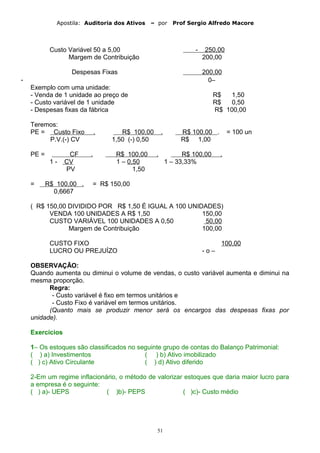 Apostila: Auditoria dos Ativos – por Prof Sergio Alfredo Macore
Custo Variável 50 a 5,00 - 250,00
Margem de Contribuição 200,00
Despesas Fixas 200,00
- 0–
Exemplo com uma unidade:
- Venda de 1 unidade ao preço de R$ 1,50
- Custo variável de 1 unidade R$ 0,50
- Despesas fixas da fábrica R$ 100,00
Teremos:
PE = Custo Fixo . R$ 100,00 . R$ 100,00 . = 100 un
P.V.(-) CV 1,50 (-) 0,50 R$ 1,00
PE = CF . R$ 100,00 . R$ 100,00 .
1 - CV 1 – 0,50 1 – 33,33%
PV 1,50
= R$ 100,00 . = R$ 150,00
0,6667
( R$ 150,00 DIVIDIDO POR R$ 1,50 É IGUAL A 100 UNIDADES)
VENDA 100 UNIDADES A R$ 1,50 150,00
CUSTO VARIÁVEL 100 UNIDADES A 0,50 50,00
Margem de Contribuição 100,00
CUSTO FIXO 100,00
LUCRO OU PREJUÍZO - o –
OBSERVAÇÃO:
Quando aumenta ou diminui o volume de vendas, o custo variável aumenta e diminui na
mesma proporção.
Regra:
- Custo variável é fixo em termos unitários e
- Custo Fixo é variável em termos unitários.
(Quanto mais se produzir menor será os encargos das despesas fixas por
unidade).
Exercícios
1– Os estoques são classificados no seguinte grupo de contas do Balanço Patrimonial:
( ) a) Investimentos ( ) b) Ativo imobilizado
( ) c) Ativo Circulante ( ) d) Ativo diferido
2-Em um regime inflacionário, o método de valorizar estoques que daria maior lucro para
a empresa é o seguinte:
( ) a)- UEPS ( )b)- PEPS ( )c)- Custo médio
51
 