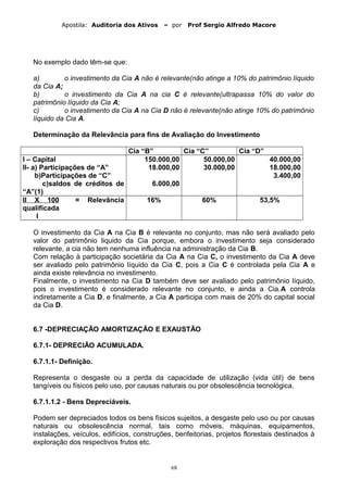 Apostila: Auditoria dos Ativos – por Prof Sergio Alfredo Macore
No exemplo dado têm-se que:
a) o investimento da Cia A não é relevante(não atinge a 10% do patrimônio líquido
da Cia A;
b) o investimento da Cia A na cia C é relevante(ultrapassa 10% do valor do
patrimônio líquido da Cia A;
c) o investimento da Cia A na Cia D não é relevante(não atinge 10% do patrimônio
líquido da Cia A.
Determinação da Relevância para fins de Avaliação do Investimento
Cia “B” Cia “C” Cia “D”
I – Capital
II- a) Participações de “A”
b)Participações de “C”
c)saldos de créditos de
“A”(1)
150.000,00
18.000,00
6.000,00
50.000,00
30.000,00
40.000,00
18.000,00
3.400,00
II X 100 = Relevância
qualificada
I
16% 60% 53,5%
O investimento da Cia A na Cia B é relevante no conjunto, mas não será avaliado pelo
valor do patrimônio liquido da Cia porque, embora o investimento seja considerado
relevante, a cia não tem nenhuma influência na administração da Cia B.
Com relação à participação societária da Cia A na Cia C, o investimento da Cia A deve
ser avaliado pelo patrimônio líquido da Cia C, pois a Cia C é controlada pela Cia A e
ainda existe relevância no investimento.
Finalmente, o investimento na Cia D também deve ser avaliado pelo patrimônio líquido,
pois o investimento é considerado relevante no conjunto, e ainda a Cia.A controla
indiretamente a Cia D, e finalmente, a Cia A participa com mais de 20% do capital social
da Cia D.
6.7 -DEPRECIAÇÃO AMORTIZAÇÃO E EXAUSTÃO
6.7.1- DEPRECIÃO ACUMULADA.
6.7.1.1- Definição.
Representa o desgaste ou a perda da capacidade de utilização (vida útil) de bens
tangíveis ou físicos pelo uso, por causas naturais ou por obsolescência tecnológica.
6.7.1.1.2 - Bens Depreciáveis.
Podem ser depreciados todos os bens físicos sujeitos, a desgaste pelo uso ou por causas
naturais ou obsolescência normal, tais como móveis, máquinas, equipamentos,
instalações, veículos, edifícios, construções, benfeitorias, projetos florestais destinados à
exploração dos respectivos frutos etc.
68
 