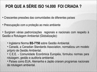 • Crescentes pressões das comunidades de diferentes países
• Preocupação com a proteção ao meio ambiente
• Surgiram várias padronizações regionais e nacionais com respeito à
Gestão e Rotulagem Ambiental (Globalização):
• Inglaterra Norma BS-7750BS-7750 sobre Gestão Ambiental.
• Canadá, a Canadian Standards Association, normalizou um modelo
próprio de Gestão Ambiental.
• C.E.E. - Comunidade Econômica Européia, formulou normas para
rotulagem, gestão e auditoria ambiental.
• Países como EUA, Alemanha e Japão criaram programas nacionais
de rotulagem ambiental.
POR QUE A SÉRIE ISO 14.000 FOI CRIADA ?
14
 